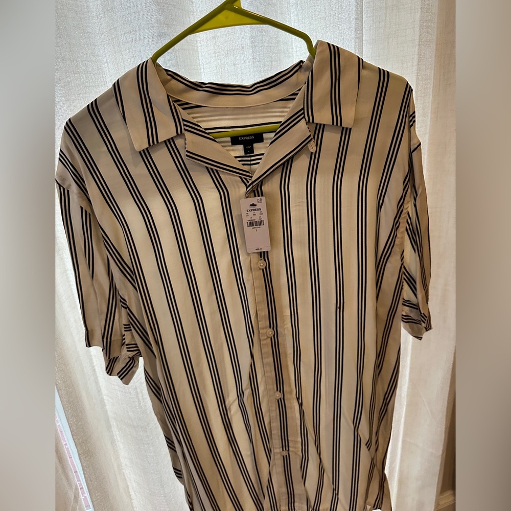 Express Men's Casual Striped Shirt - Cream and Black